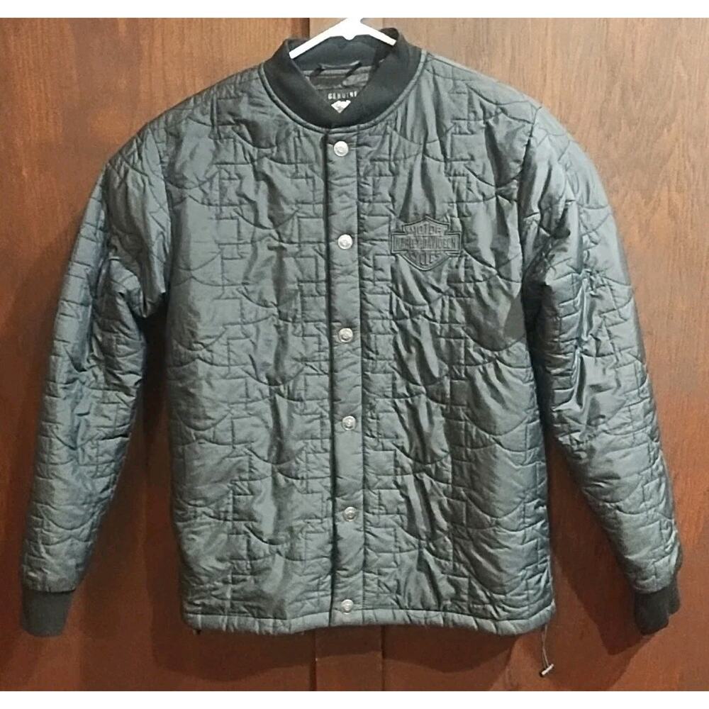 Harley Davidson Medium Black Quilted Snap Bomber Shirt Jacket Shacket Motorcycle